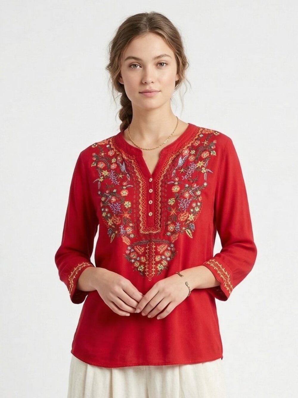 64 Sixty Five Blouse Red Embroidered Peasant Boho Festival Casual M